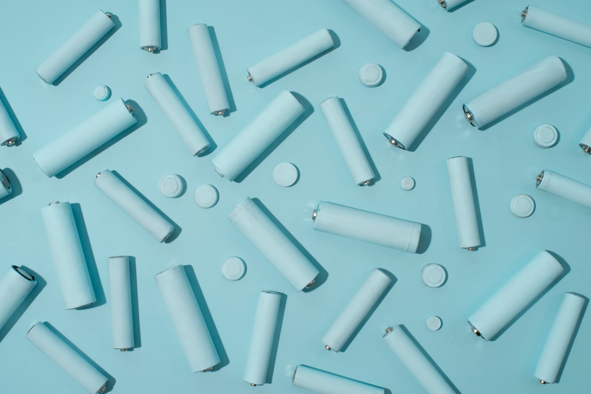 Close-up of cylindrical rechargeable lithium-ion battery cells