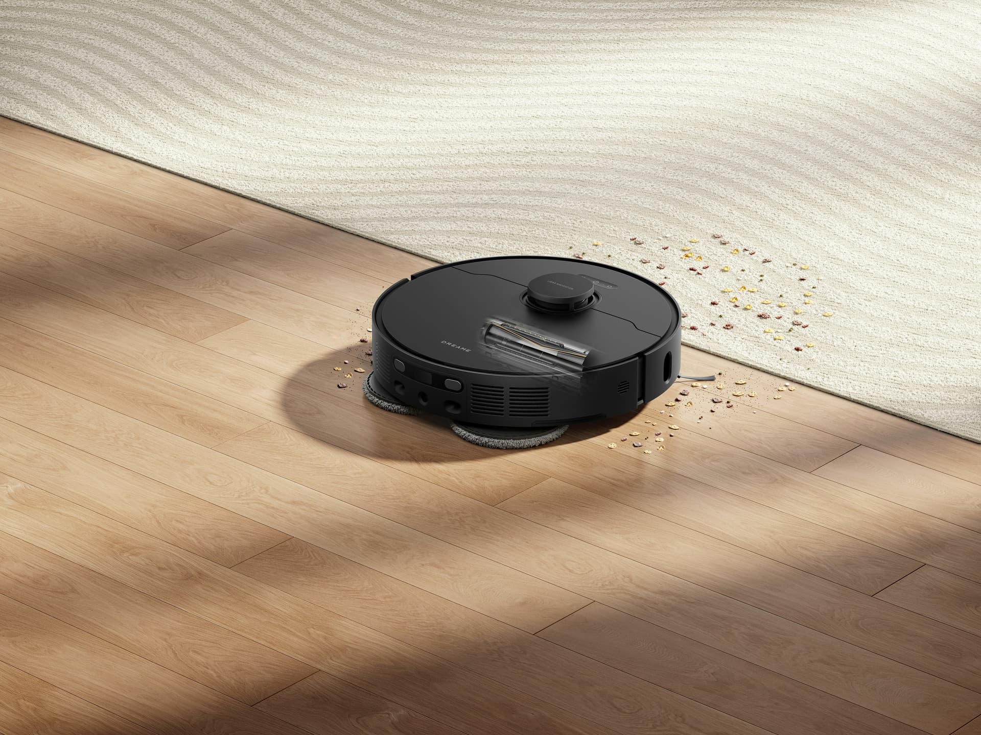Robot vacuum cleaner on floor with person relaxing on sofa
