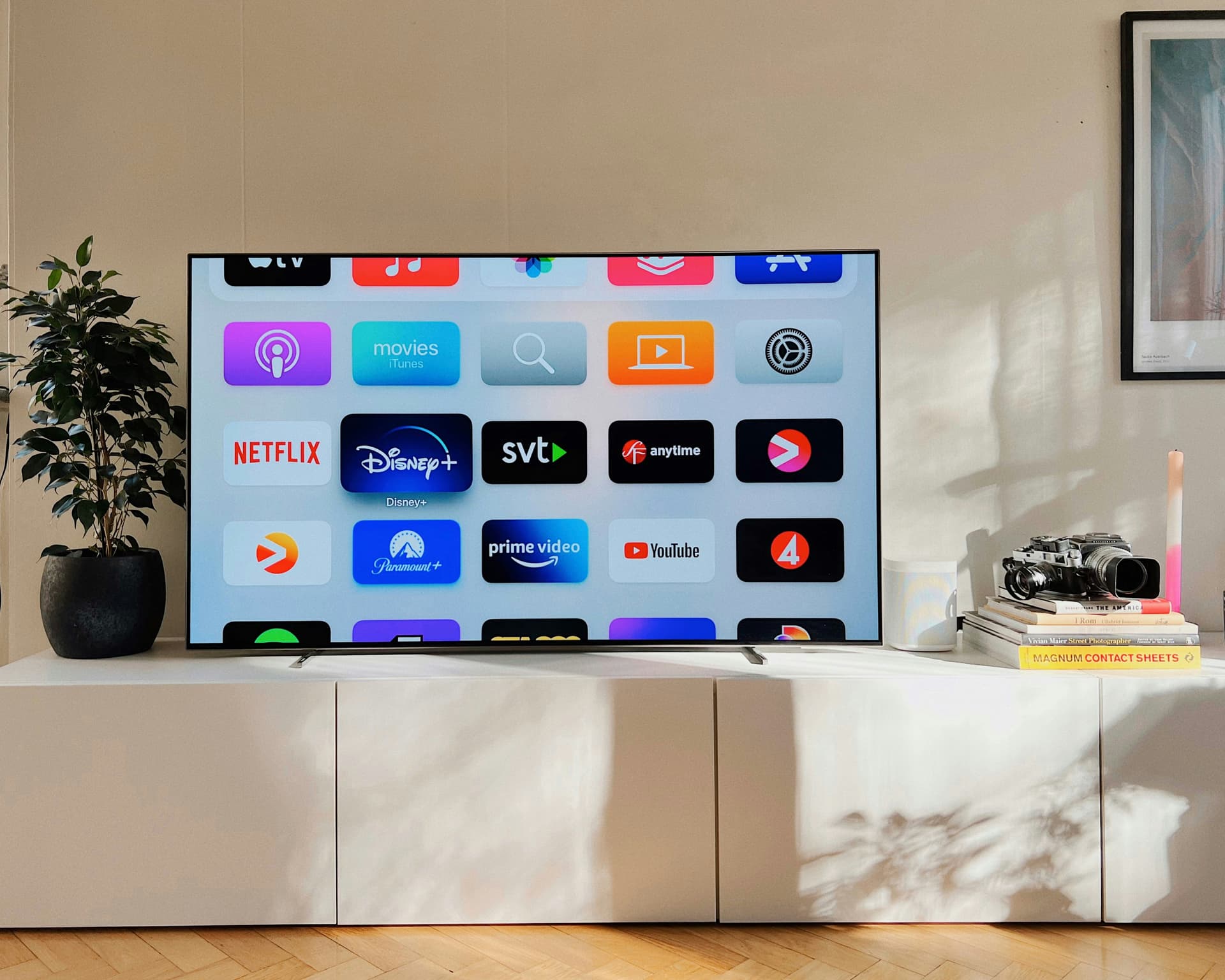 Modern Samsung smart TV displaying streaming app menu on screen